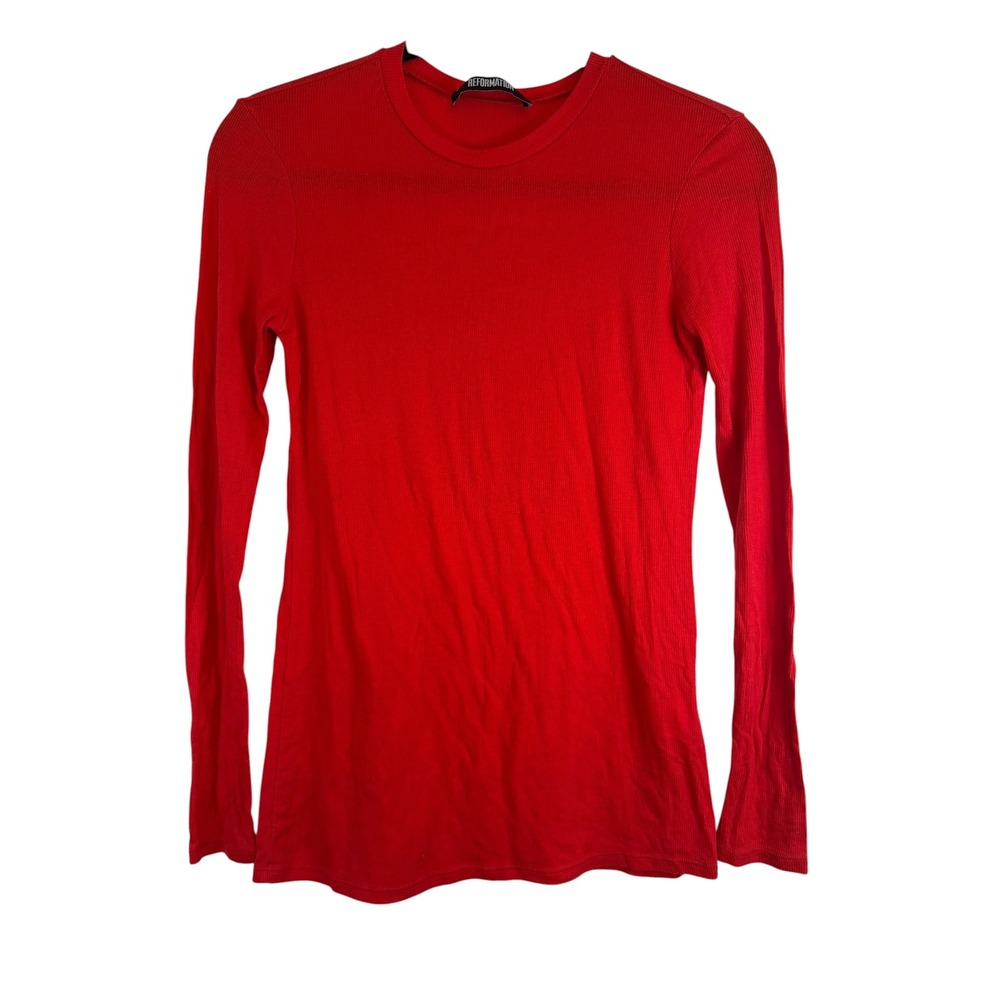 Reformation Womens Red Ribbed Long Sleeve Crew Neck Top Slim Fit Size Small